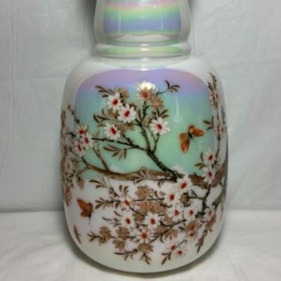 American Handblown Glass Handpainted Rare Pearl Opal Iridescent 9.5”Vase Vintage - Picture 3 of 12